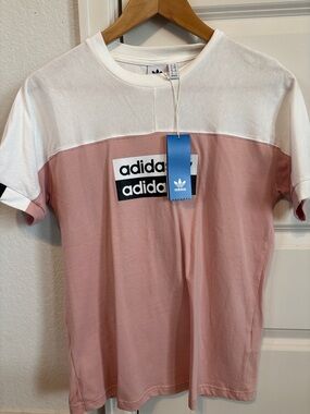 NWT Adidas White & Dusty Pink Block Logo Tee
